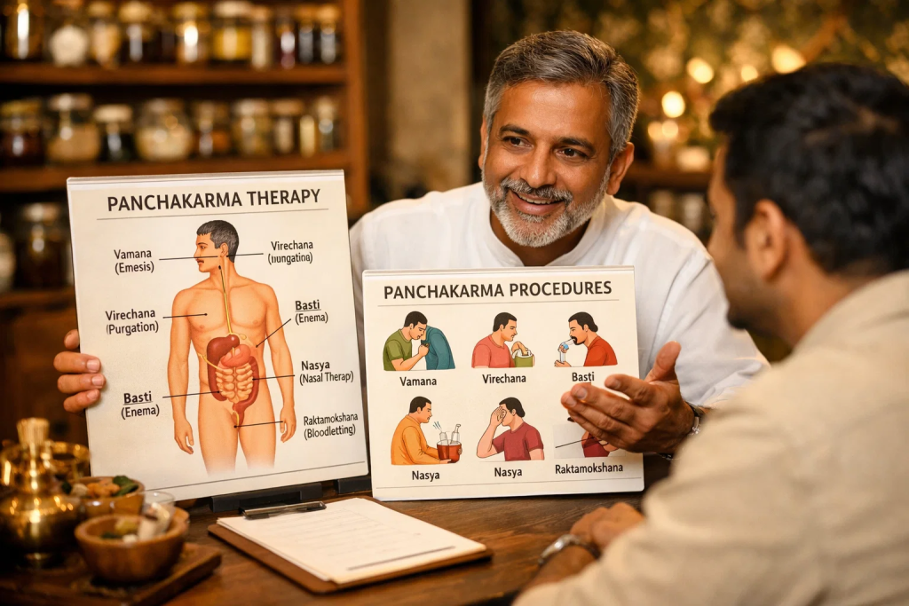 Ayurvedic physician explaining Panchakarma procedures for hypertension — personalised treatment consultation at Tigris Valley