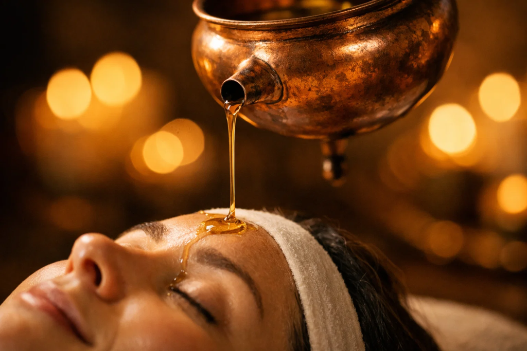 Shirodhara Ayurvedic therapy for hypertension — medicated oil poured on forehead to calm the nervous system and reduce blood pressure