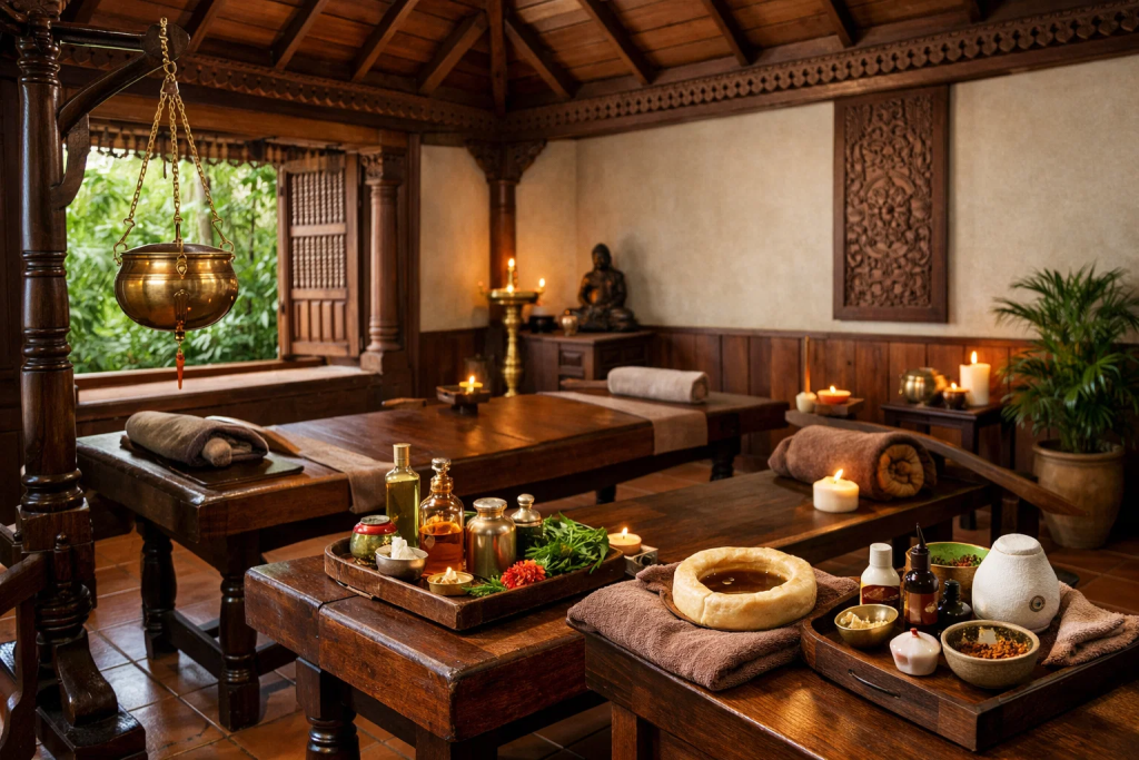 Panchakarma treatment therapies for high blood pressure — Shirodhara, Abhyanga, Basti, and Nasya therapy rooms at Tigris Valley