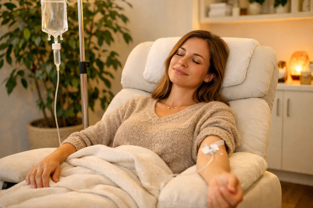 Patient relaxing during an IV glutathione therapy session at a supervised wellness clinic