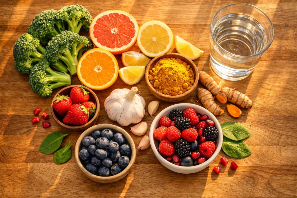 Antioxidant-rich foods like citrus, broccoli, and turmeric that naturally support glutathione levels and skin health