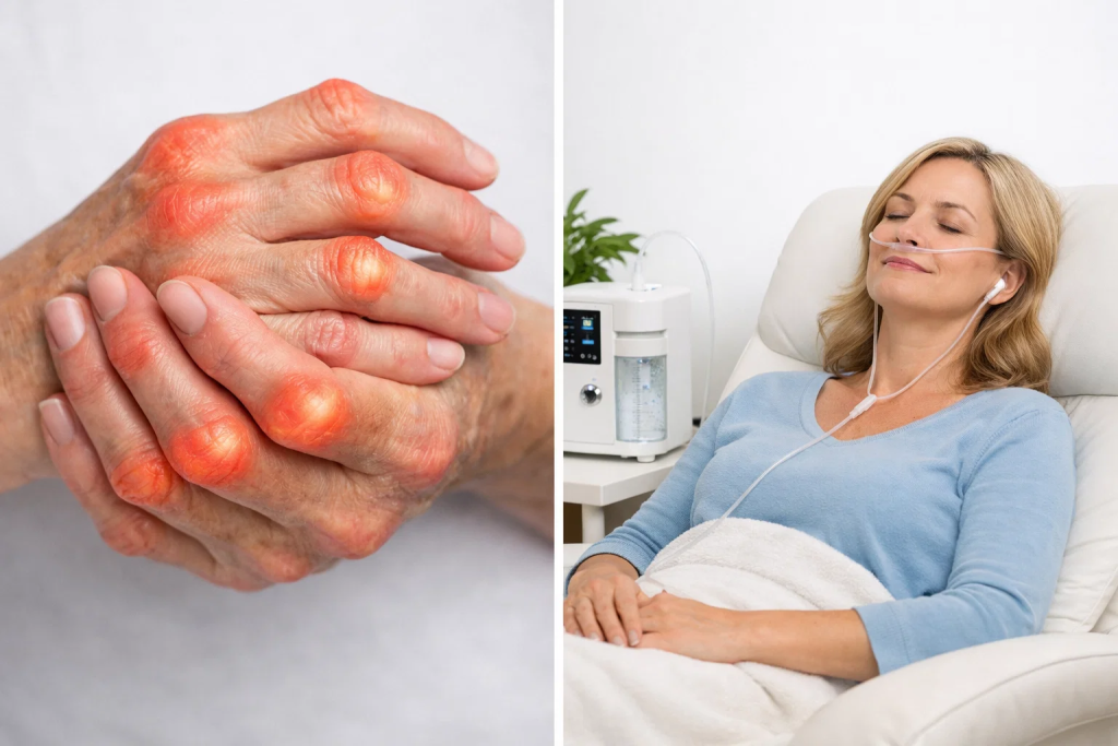 Hydrogen therapy for arthritis — patient receiving molecular hydrogen inhalation treatment for joint pain relief