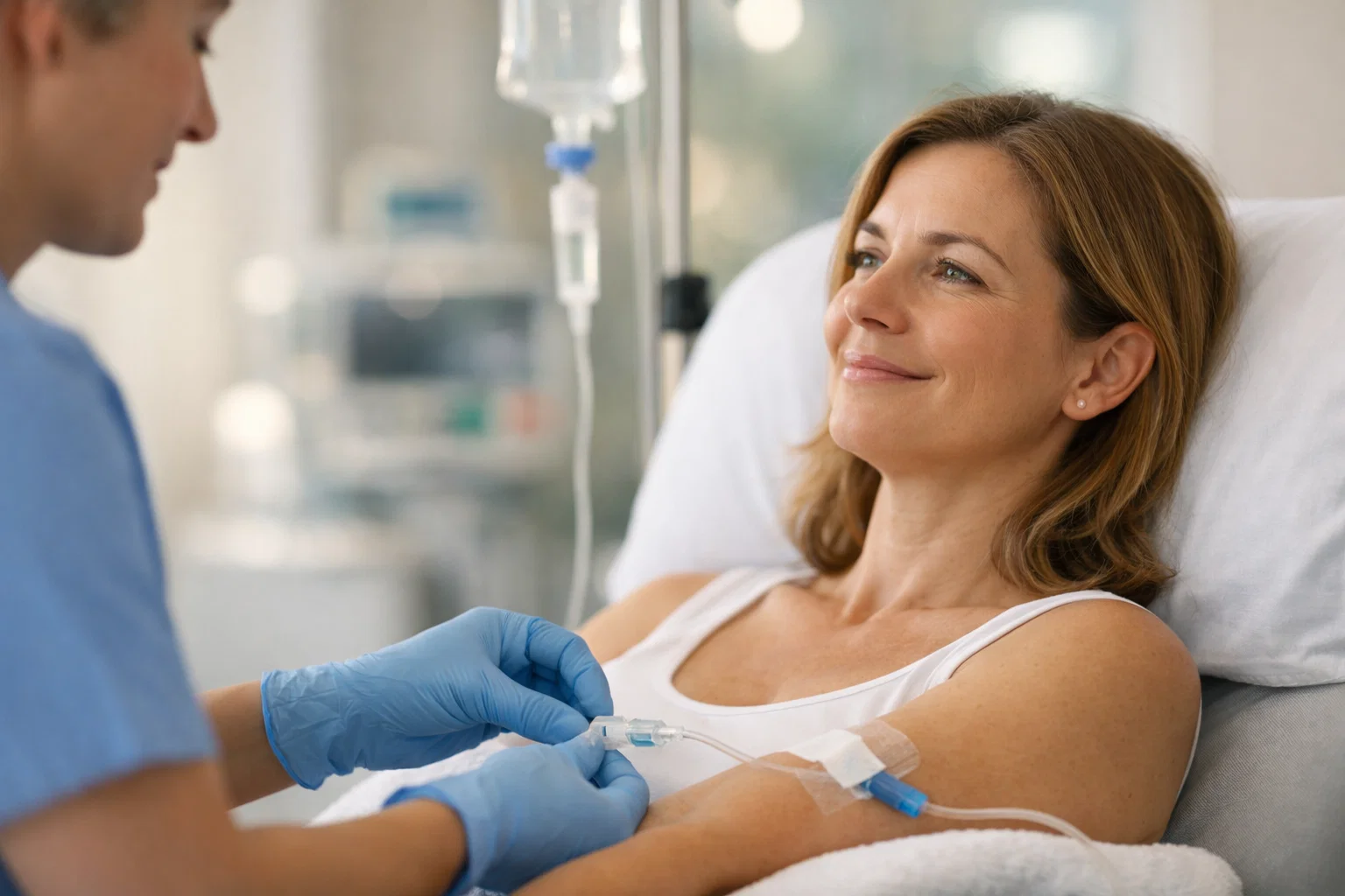 A female patient lying on a hospital bed smiles while a healthcare professional wearing gloves adjusts an IV drip connected to her arm in a clinical setting.