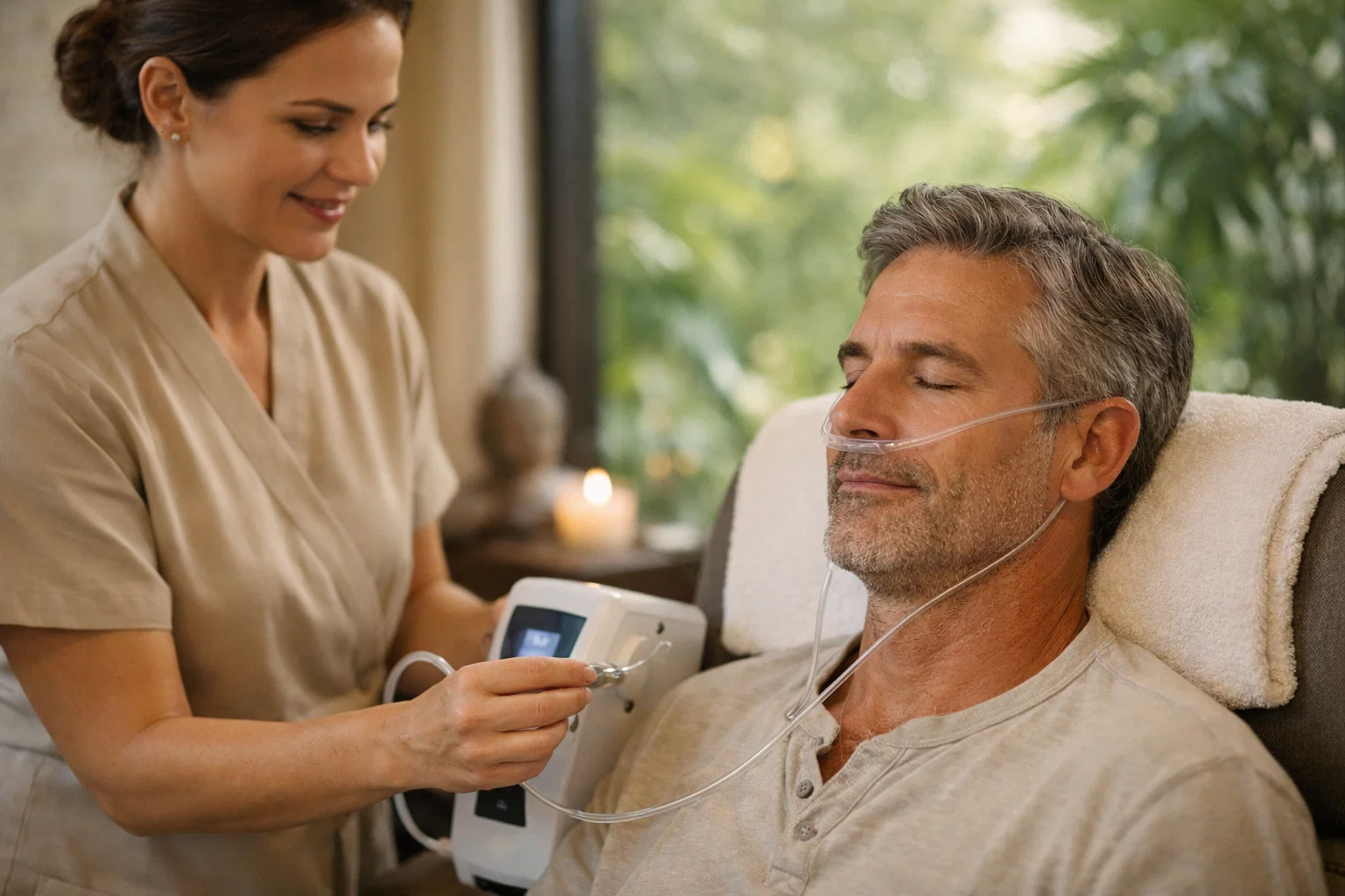 Close-up of therapist giving hydrogen inhalation therapy to a relaxed patient in a serene room with greenery and soft morning light.