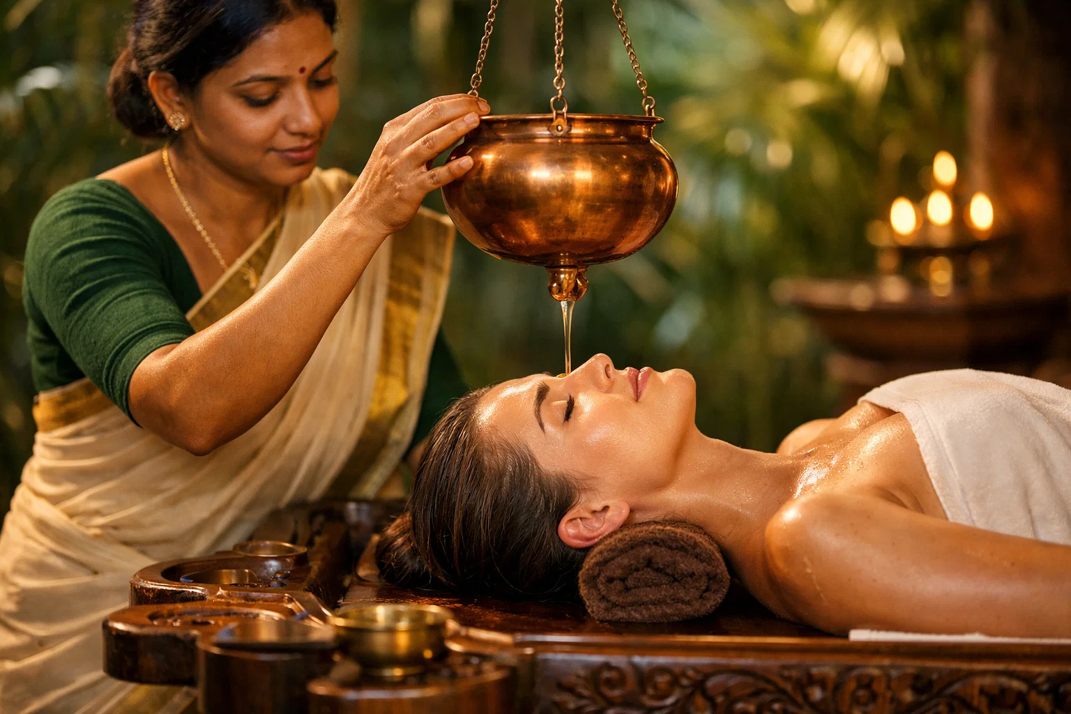 Close-up of therapist at Tigris Valley giving hydrogen inhalation therapy to a relaxed patient in a serene room with greenery and soft natural light.