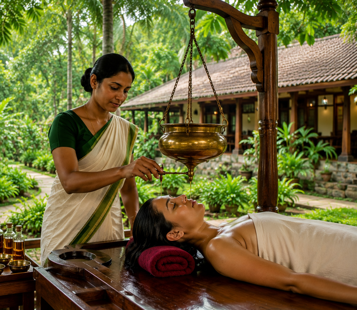 Ayurveda treatmen centre surrounded by lush greenery with a patient receiving traditional Panchakarma therapy