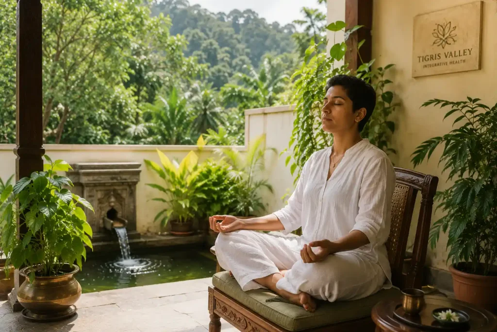 Patient in post-Panchakarma recovery meditation at Tigris Valley Ayurveda retreat Kerala- calm and restored after treatment.