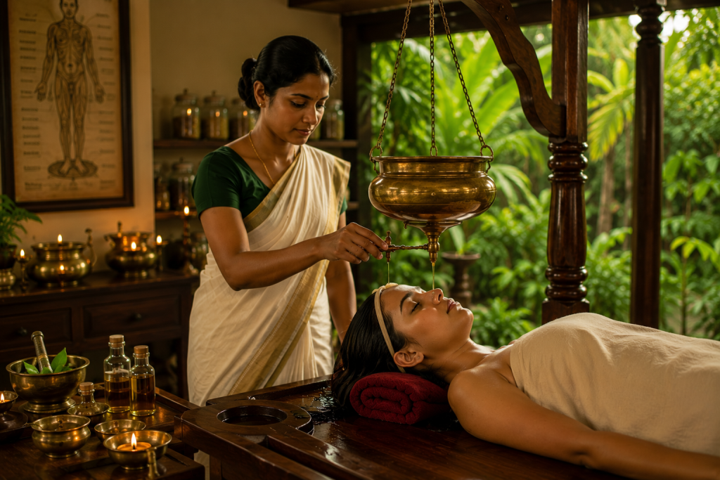 patient undergoing Shirodhara therapy with medicated oil at a traditional Ayurvedic centre