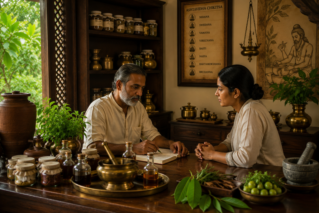 traditional Ayurvedic preparation room with herbal oils and vaidya consultation in progress
