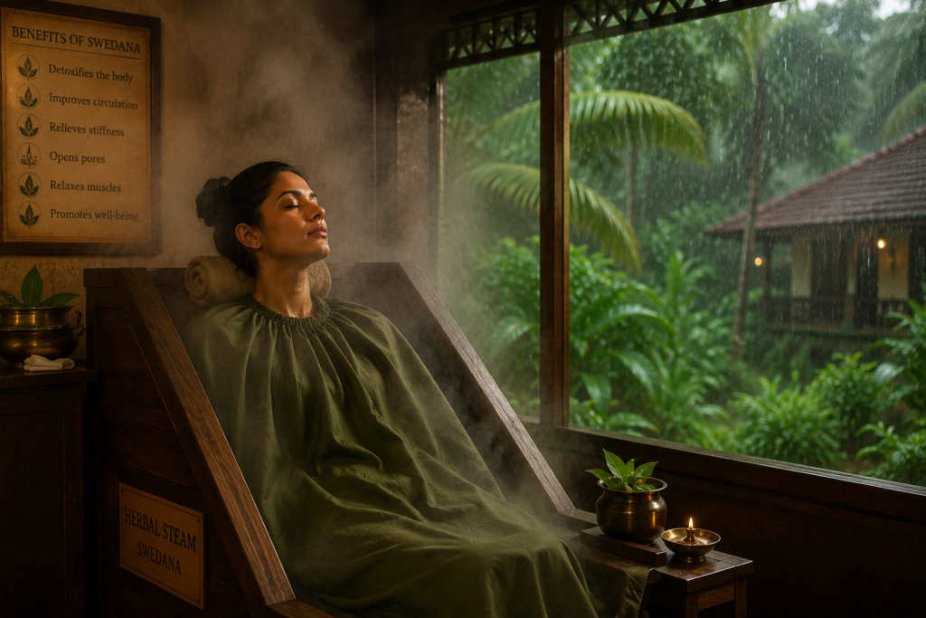 patient in herbal steam room during July monsoon season