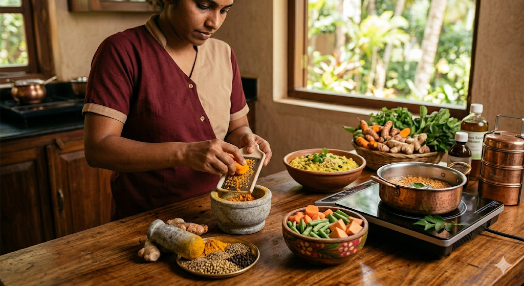 Ayurvedic anti-inflammatory diet for sciatica pain relief with turmeric and warm herbal foods