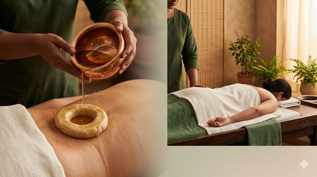 Kati Basti Ayurvedic oil therapy for lower back pain and sciatica relief in a calming wellness setting