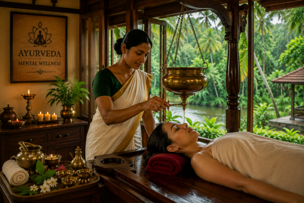 patient receiving Shirodhara oil treatment in peaceful, nature-surrounded treatment room