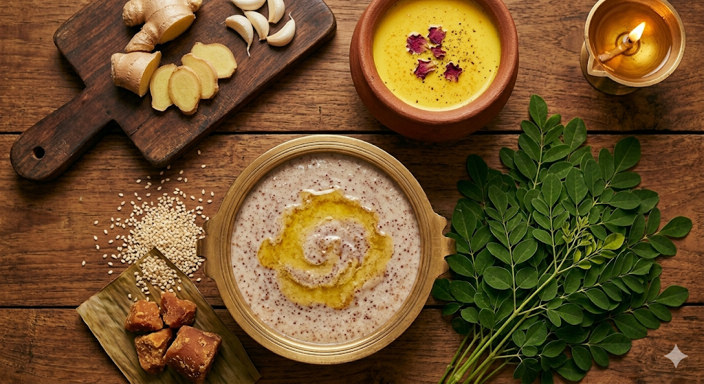 Ayurvedic diet for spondylitis treatment — anti-inflammatory foods including ghee, turmeric, and sesameAyurvedic diet for spondylitis treatment — anti-inflammatory foods including ghee, turmeric, and sesame