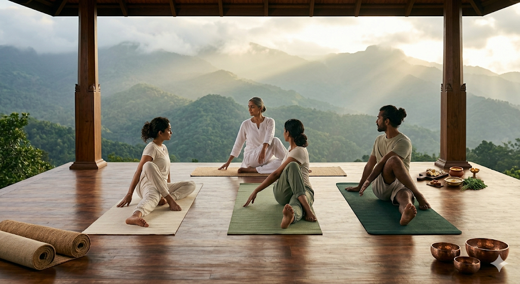 Guided yoga therapy for spondylitis recovery at Tigris Valley wellness retreat in Kerala mountains