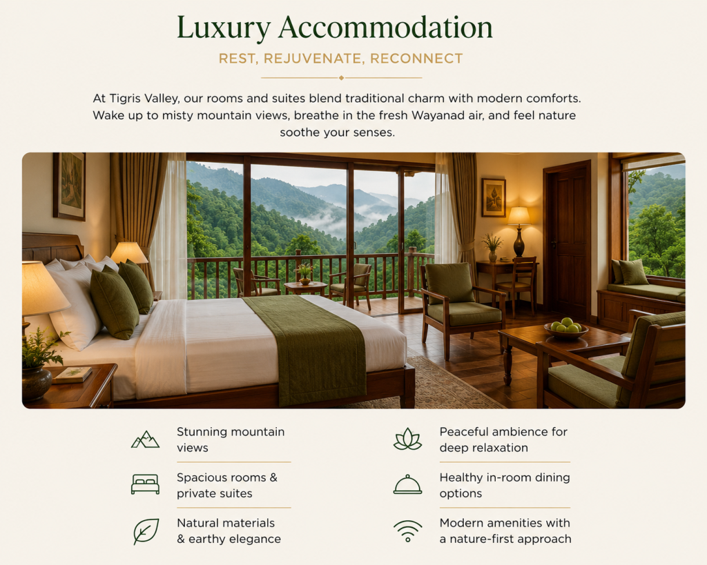 Luxury accommodation at Tigris Valley Kerala wellness resort — mountain view rooms and suites for Russian guests