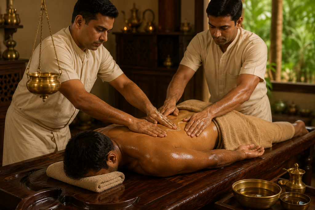 Abhyanga full body Ayurvedic oil massage of a male — two therapists applying synchronized strokes