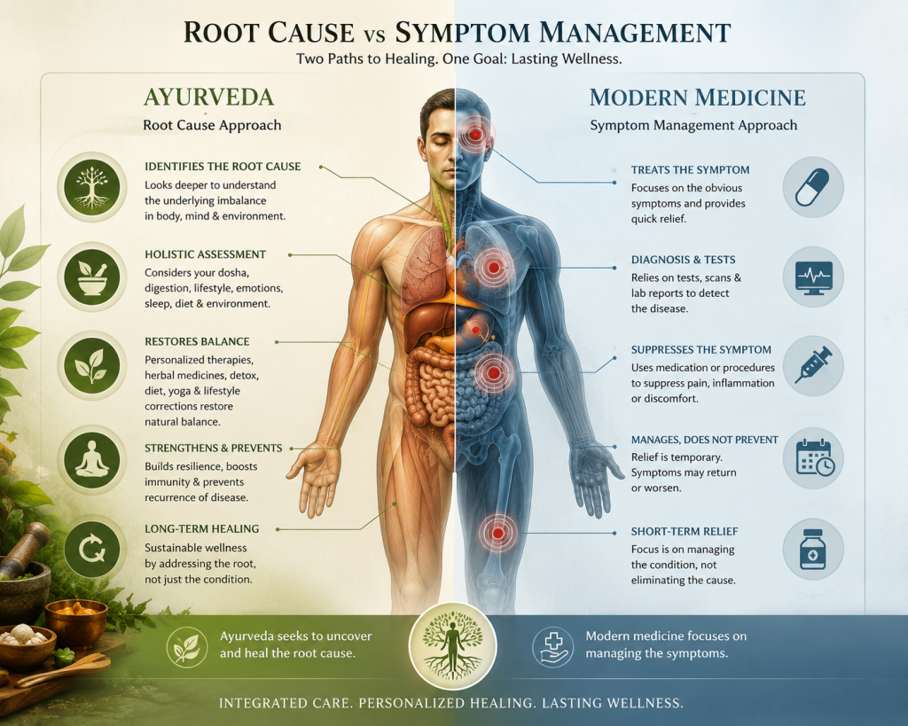 Diagram showing Ayurveda's root cause approach vs modern medicine's symptom management for chronic illness