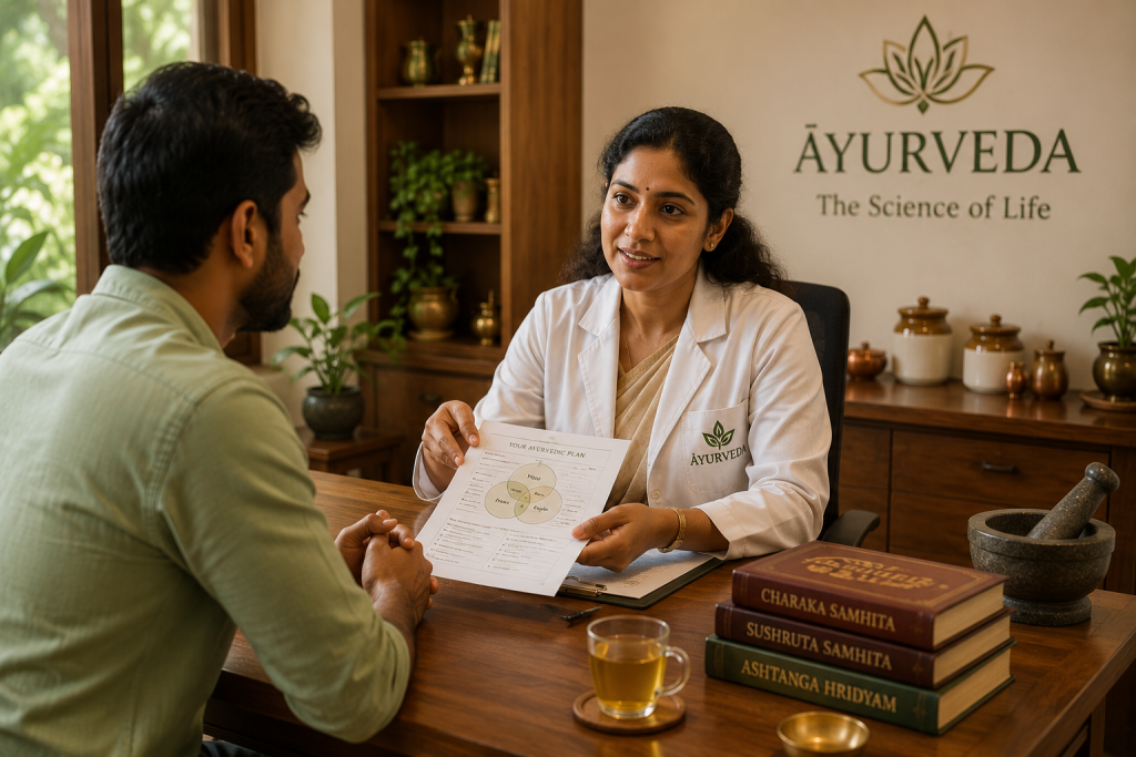 A photo of a patient consulting with an Ayurvedic doctor.
