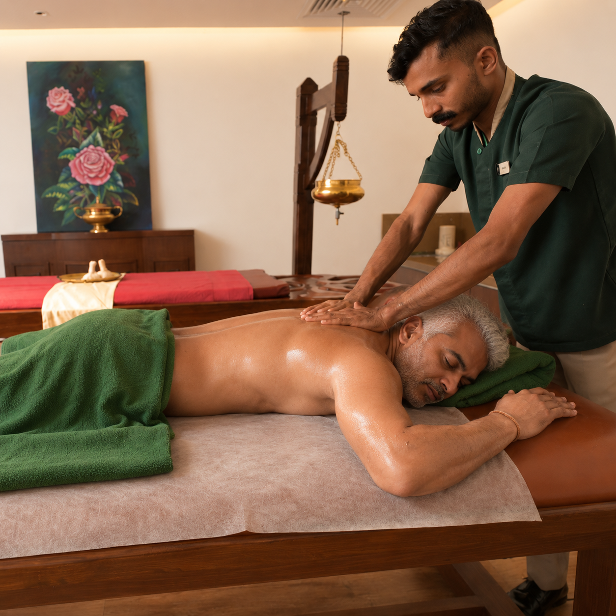 Ayurvedic Abhyanga massage therapy with medicated oils being applied to a guest in a wellness treatment room.