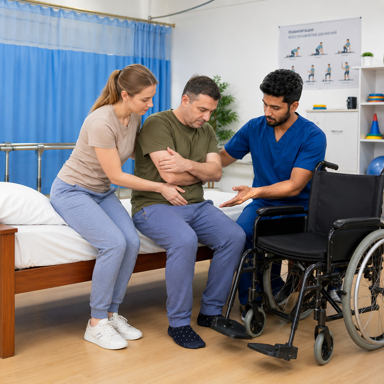 Stroke rehabilitation therapist teaching a family caregiver safe patient transfer techniques from bed to wheelchair during caregiver training session in Kerala
