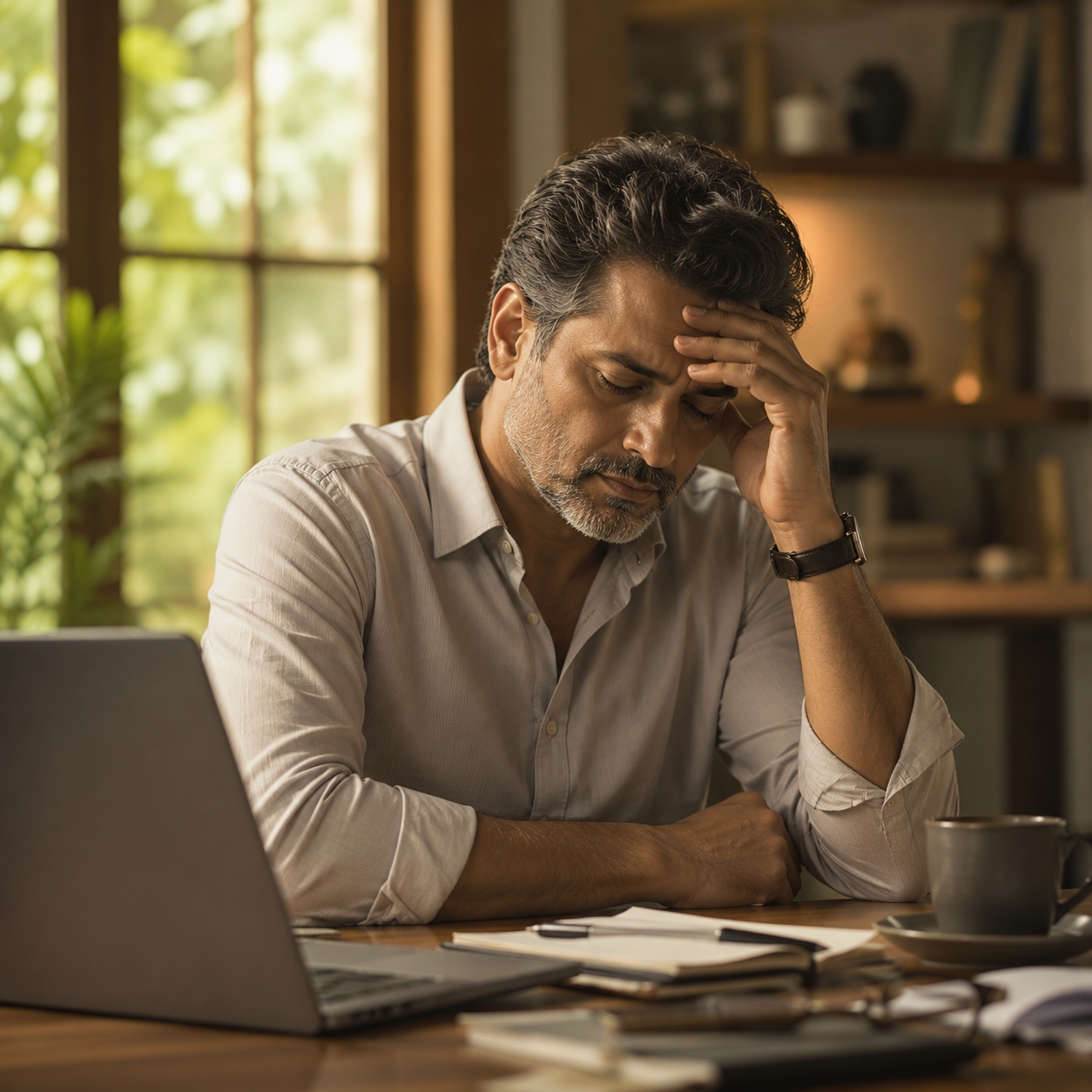 Middle-aged man experiencing chronic stress, fatigue, and difficulty concentrating at work.