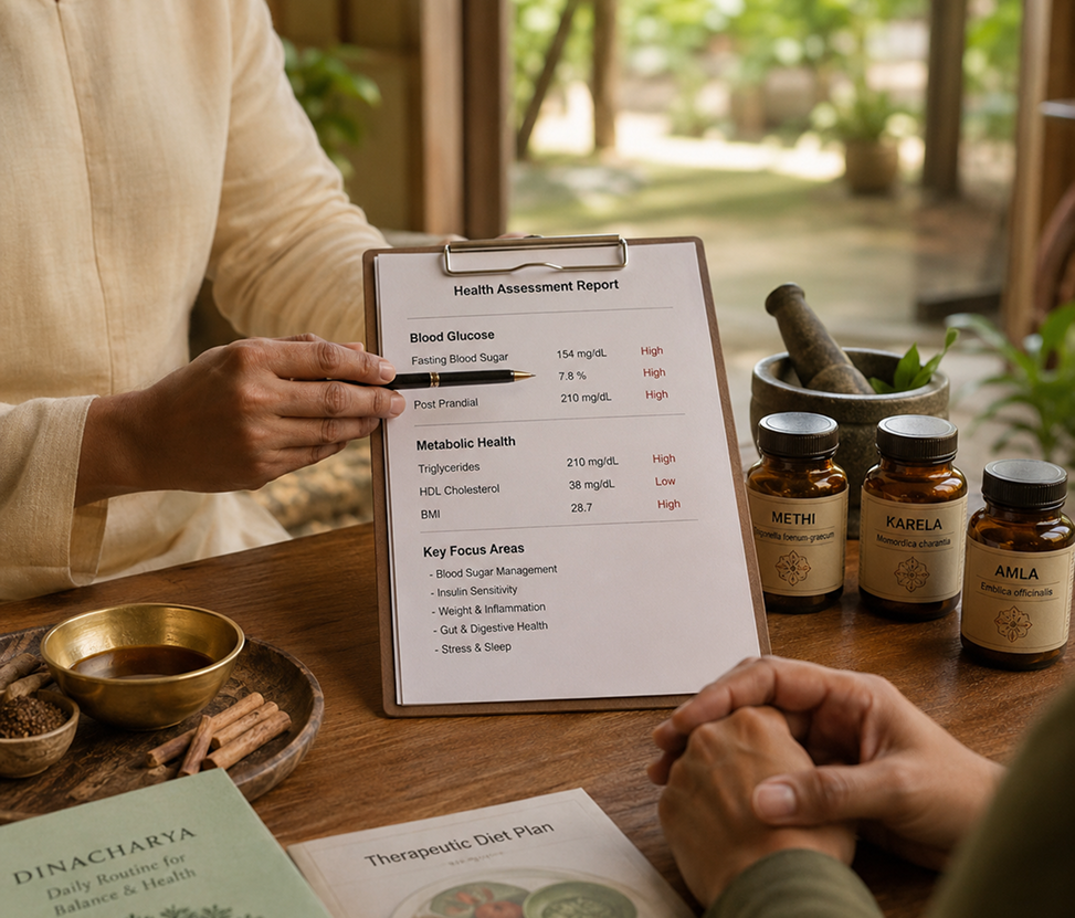 Functional health consultation with personalised diabetes wellness plan and Ayurvedic herbal support.