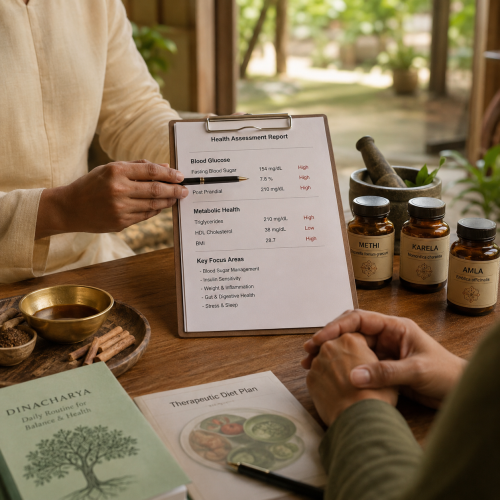 Functional health consultation with personalised diabetes wellness plan and Ayurvedic herbal support.
