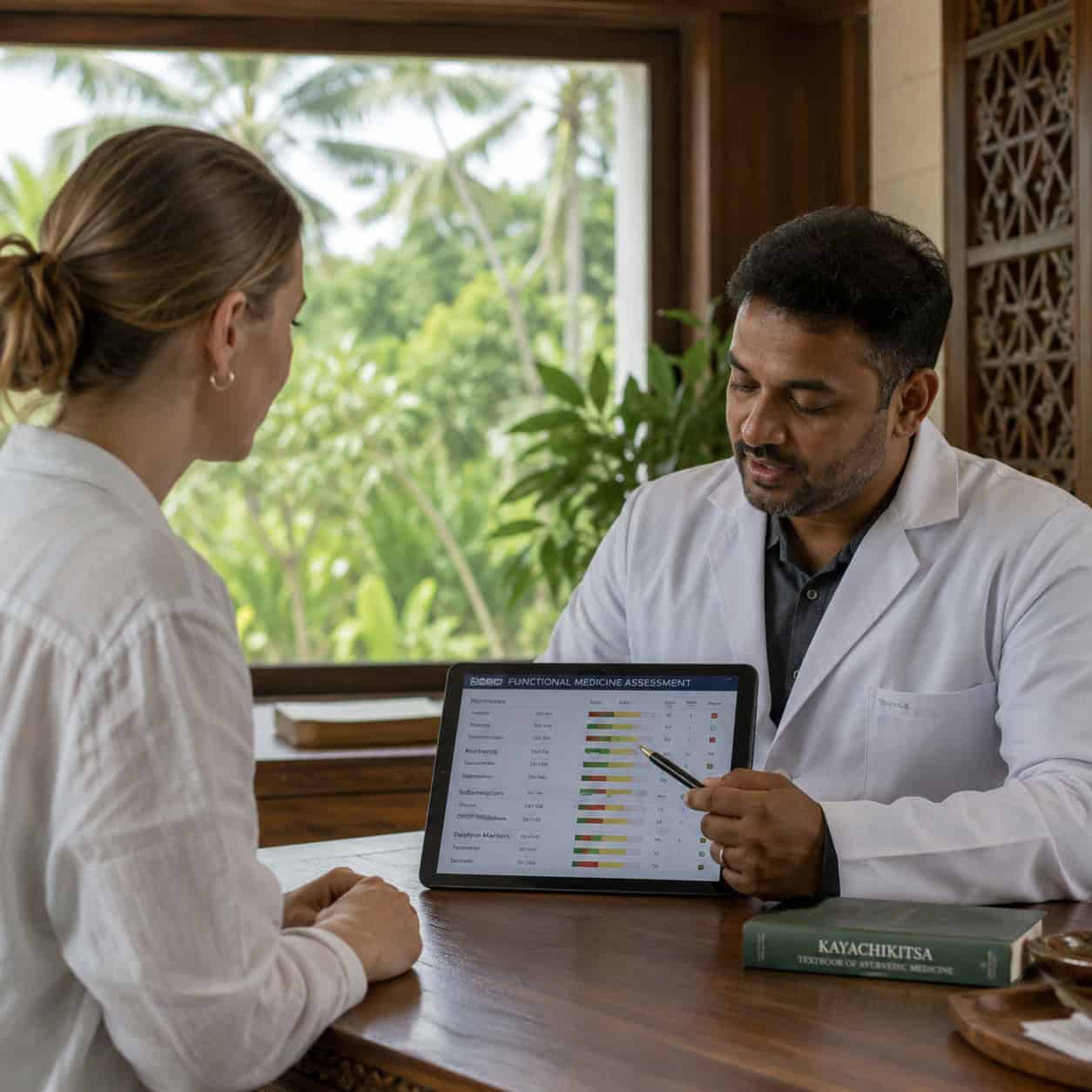 Functional psychiatry consultation at an Ayurvedic wellness retreat, with a physician reviewing personalized health assessment results with an international guest in a nature-inspired Kerala setting.