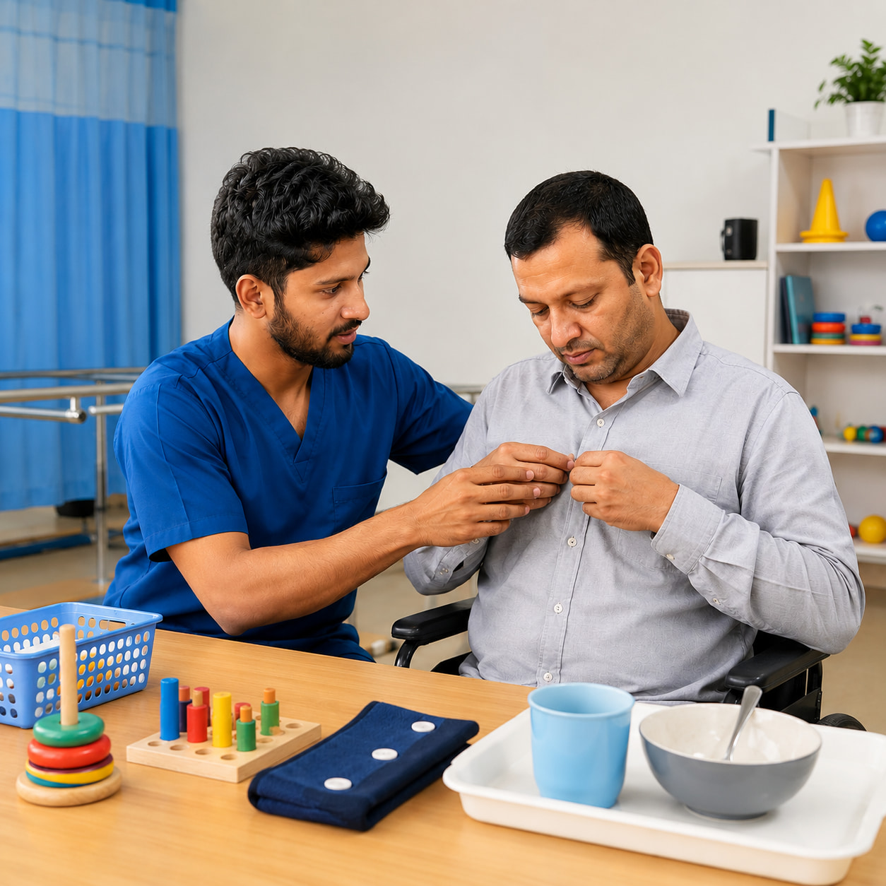 Occupational therapy patient practicing shirt buttoning and eating tasks with therapist guidance during rehabilitation session.