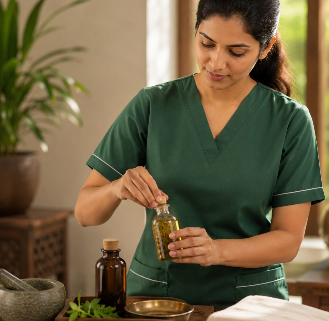 Ayurvedic practitioner selecting personalized medicated herbal oil for Shirodhara treatment based on individual dosha assessment