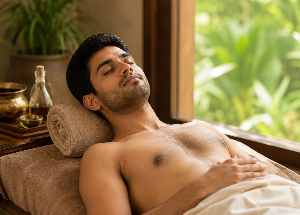 Guest relaxing quietly after Shirodhara therapy during post-treatment rest in an Ayurvedic spa