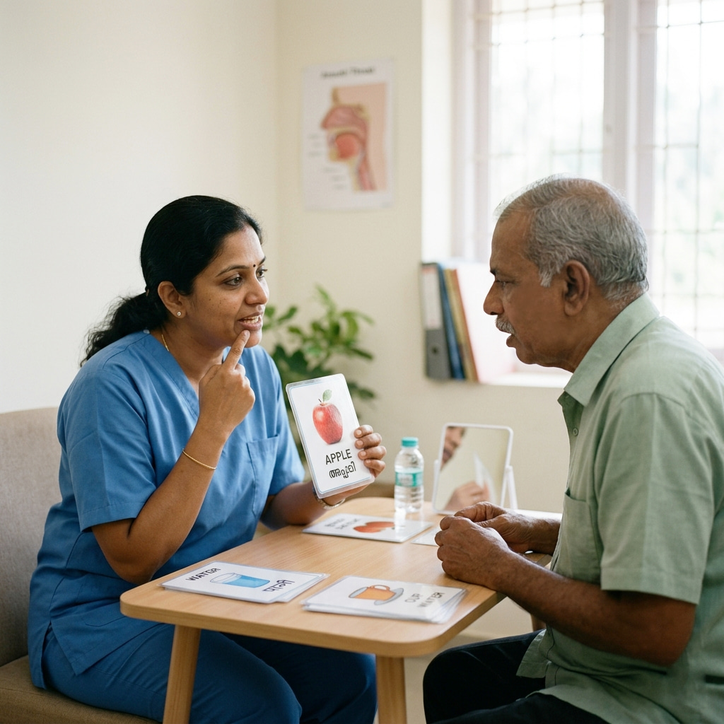 Speech and swallow therapy session for stroke rehabilitation with therapist guiding communication and articulation exercises