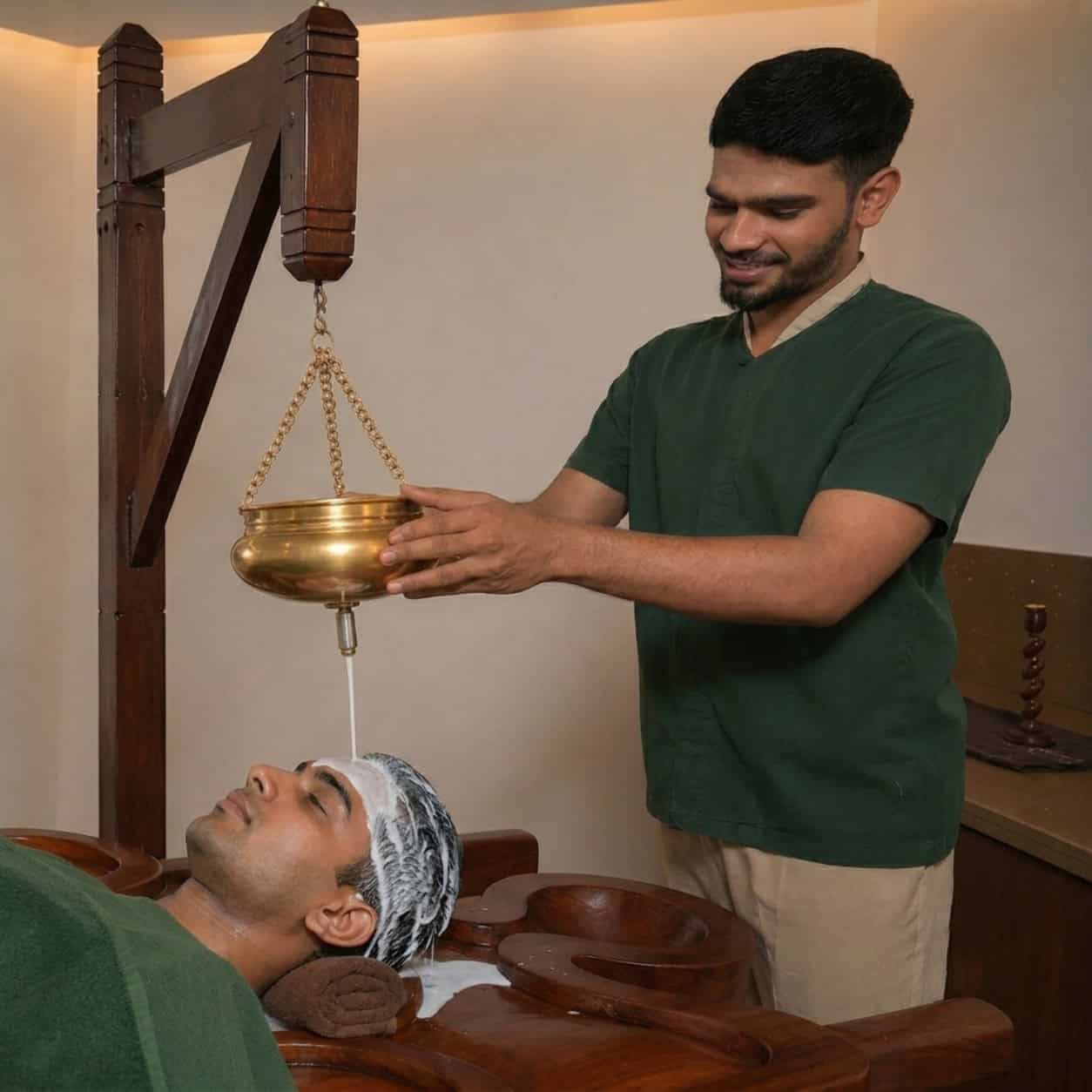 Ayurvedic Takradhara therapy with continuous stream of medicated buttermilk poured on the forehead for stress relief and mental relaxation.