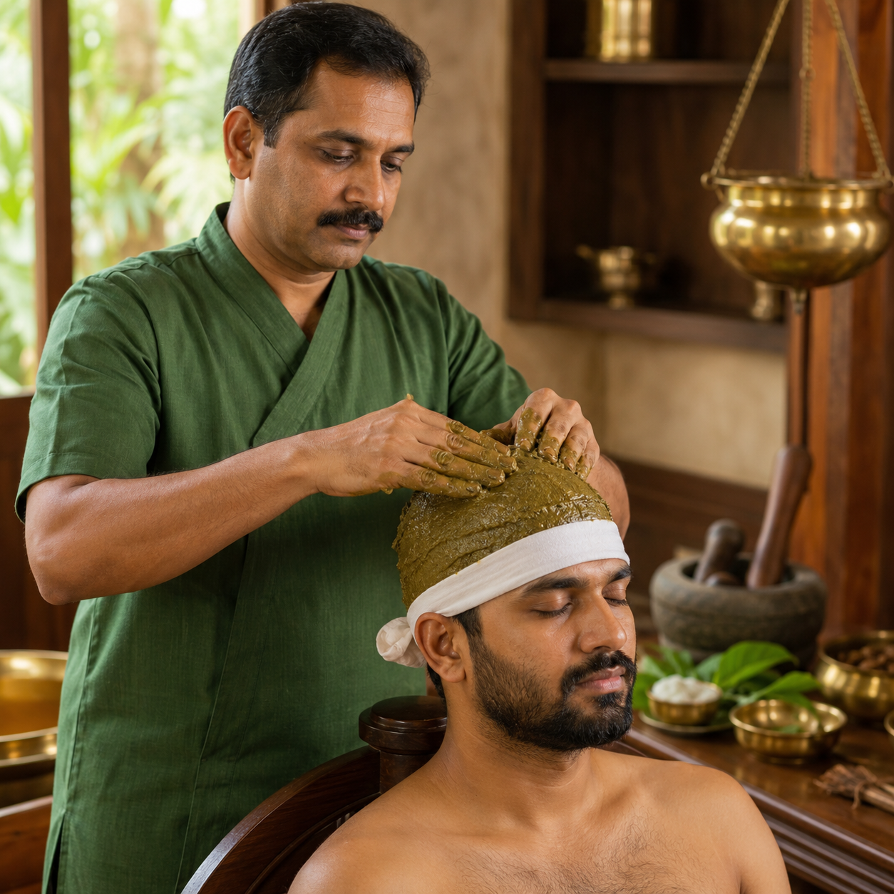 Ayurvedic Thalam therapy with herbal paste applied to the scalp for neurological recovery support