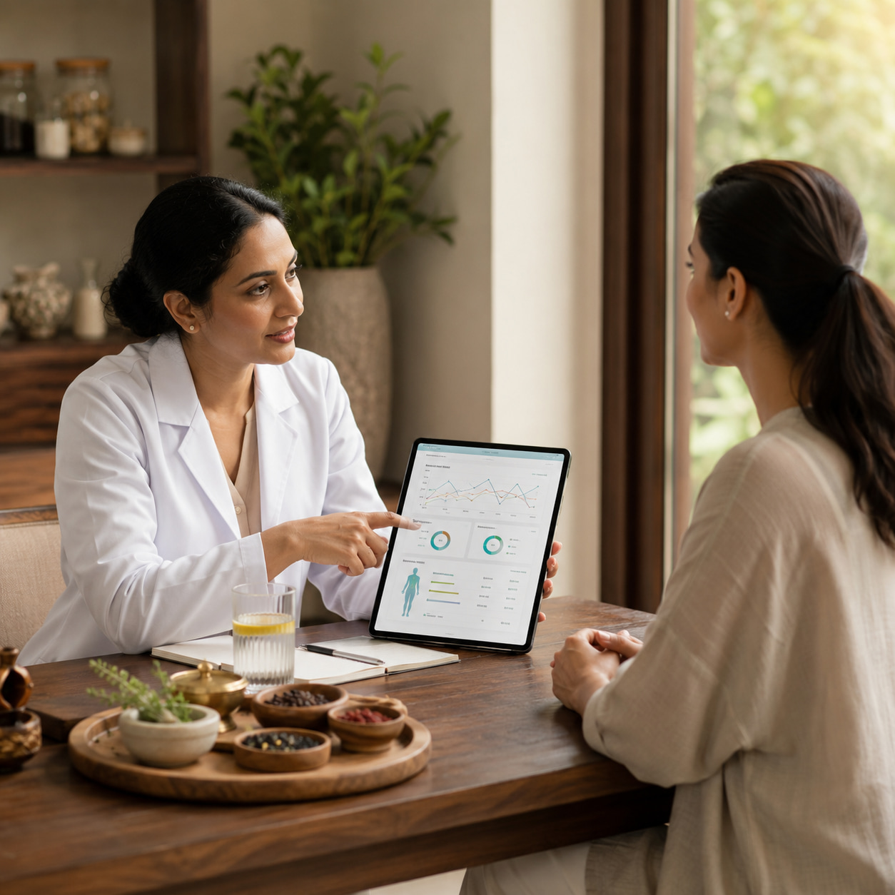 Functional medicine consultation for weight management with practitioner explaining metabolic health reports on a tablet to a patient in a wellness clinic, focusing on glucose levels, insulin resistance and health markers in a holistic medical setting.