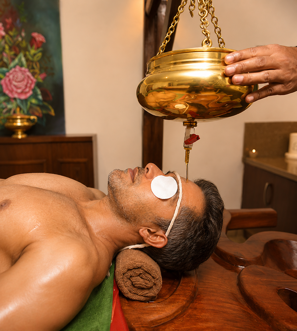 Ayurvedic detox therapy session with herbal steam treatment in traditional Panchakarma wellness center