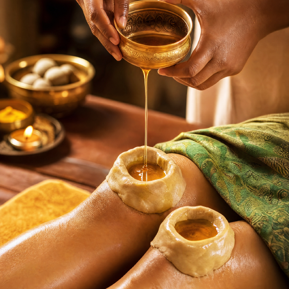 A wellness therapist performs Janu Basti treatment by retaining warm medicated oil over a patient's knee using a circular herbal dough reservoir, an Ayurvedic therapy designed to support joint mobility and reduce knee discomfort.