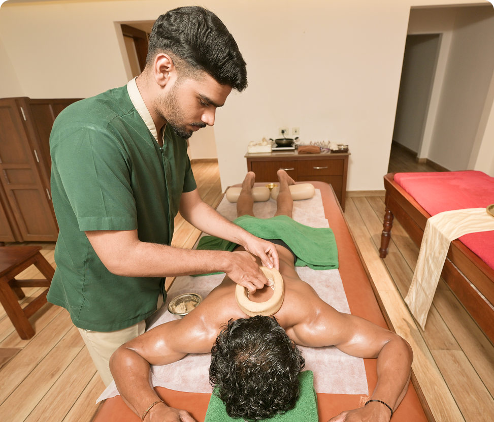 Ayurvedic Panchakarma detox therapy with herbal oil massage,and traditional healing procedures for body cleansing and rejuvenation.