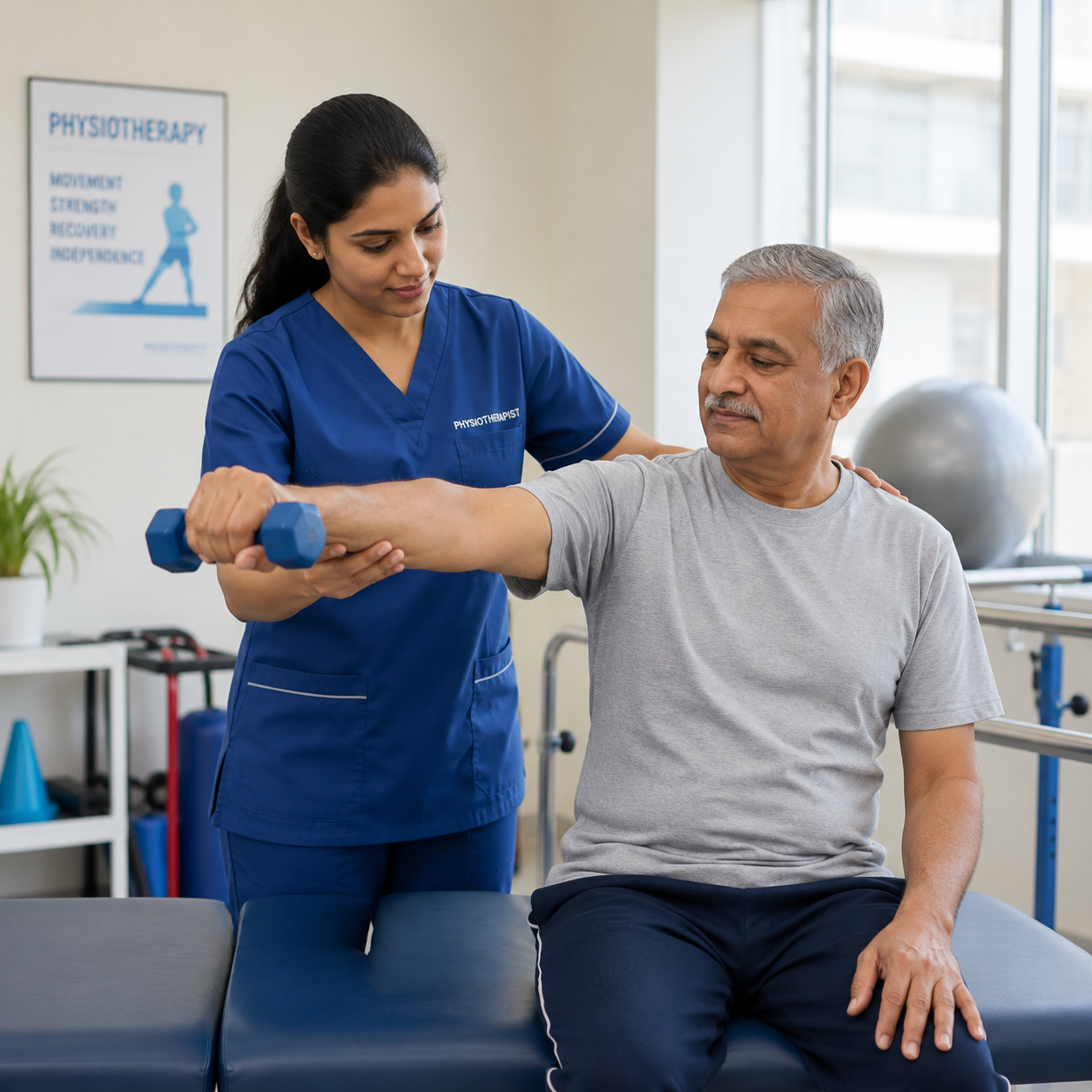 Patient undergoing physiotherapy session with a therapist assisting in rehabilitation exercises using light weights.