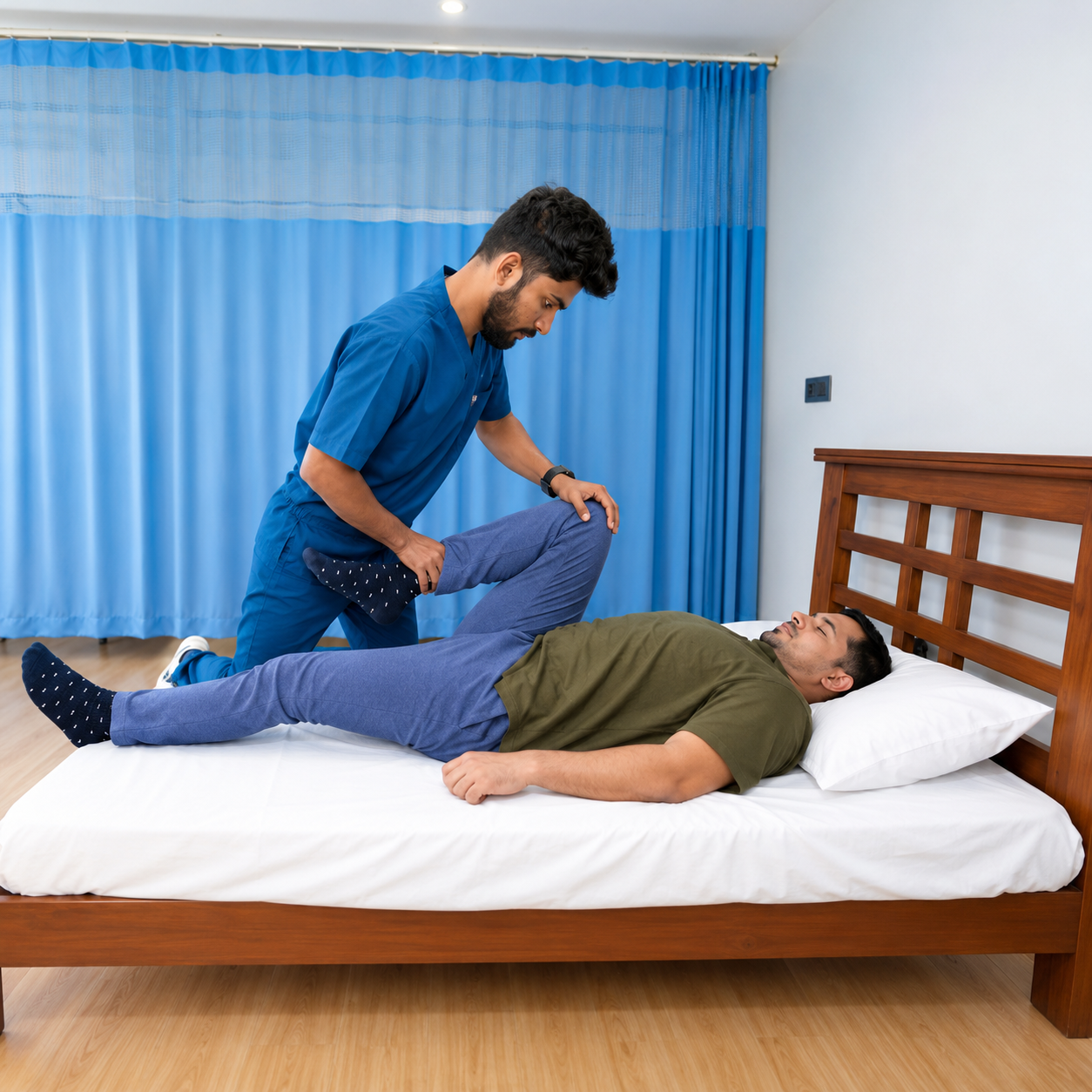 Patient undergoing physiotherapy session with a therapist assisting in rehabilitation exercises using light weights.