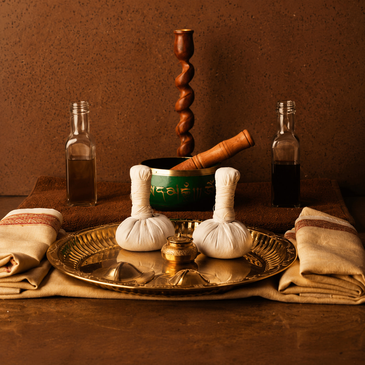 Traditional Ayurvedic herbal potli massage bundles with oils on a brass tray, used in Tigris Valley's immune strengthening therapies