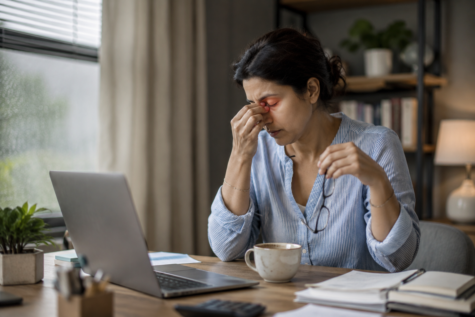 why am I always tired — exhausted woman rubbing eyes at a desk in low light