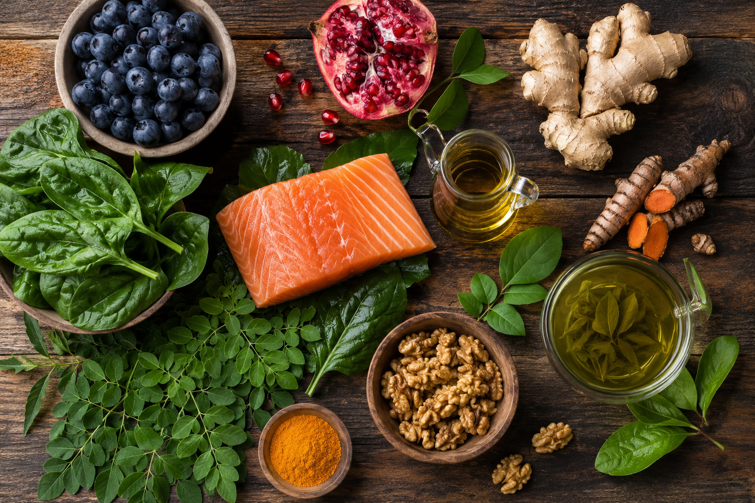anti-inflammatory diet foods to eat — turmeric, leafy greens, berries and salmon on a table