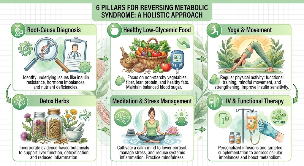 Natural treatment for metabolic syndrome six pillars diet movement detox stress Ayurveda functional medicine