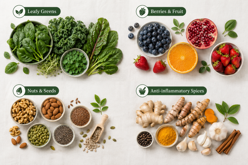 anti-inflammatory foods list — colourful vegetables, fruits and spices arranged by category