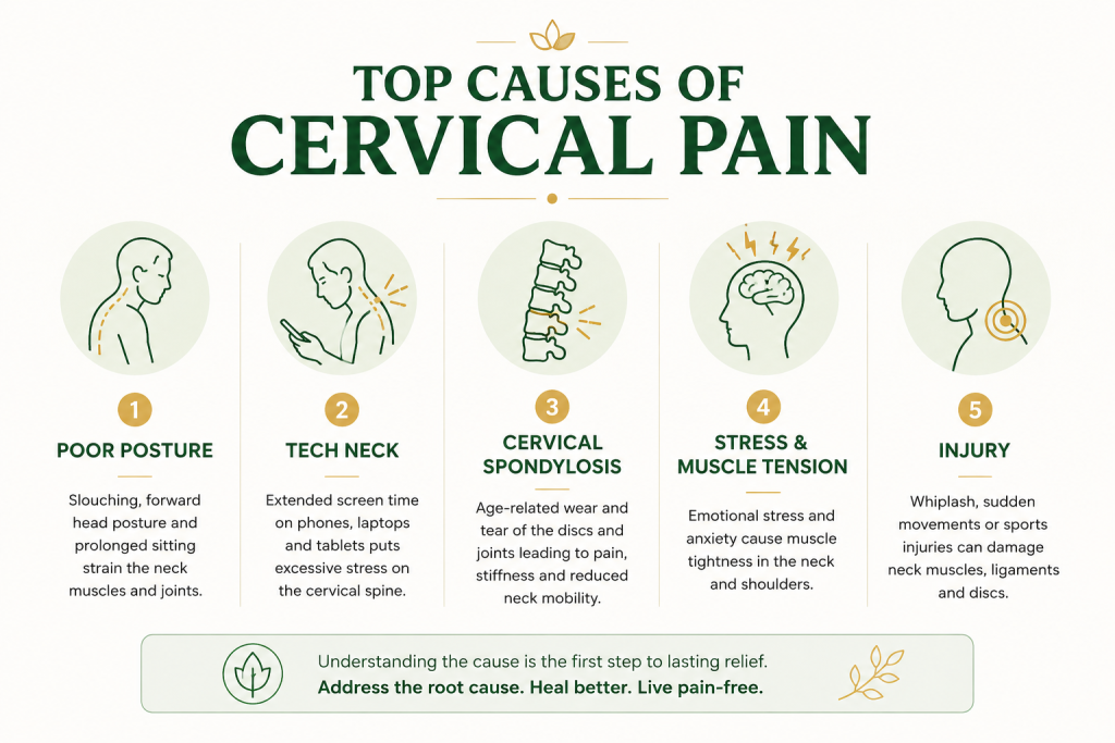 Common causes of cervical pain including poor posture tech neck and cervical spondylosis illustration