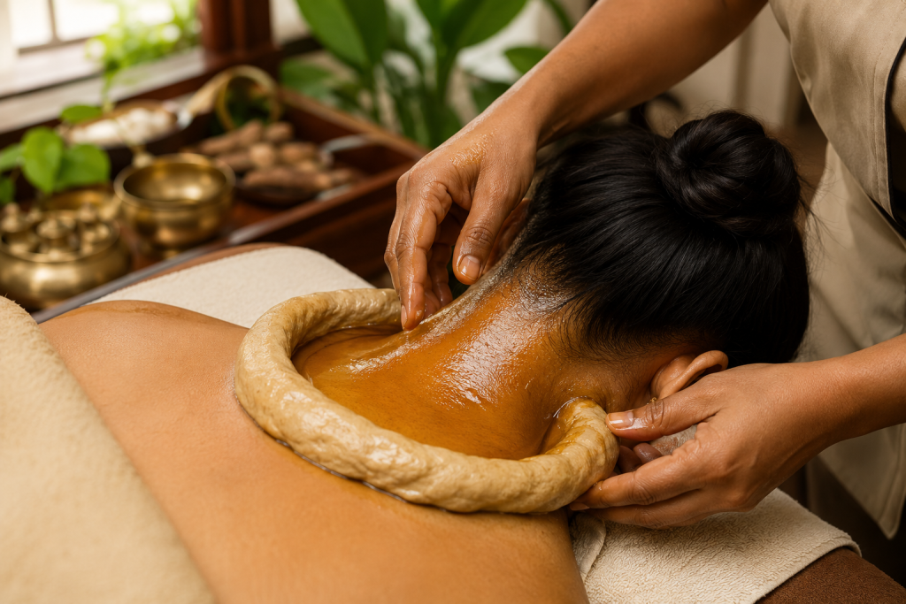 Greeva Basti Ayurvedic therapy with warm medicated oil for cervical pain and neck stiffness relief in Kerala