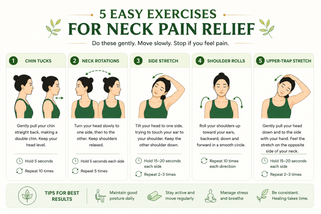 Neck exercises and stretches for cervical pain relief chin tucks rotations and shoulder rolls guide