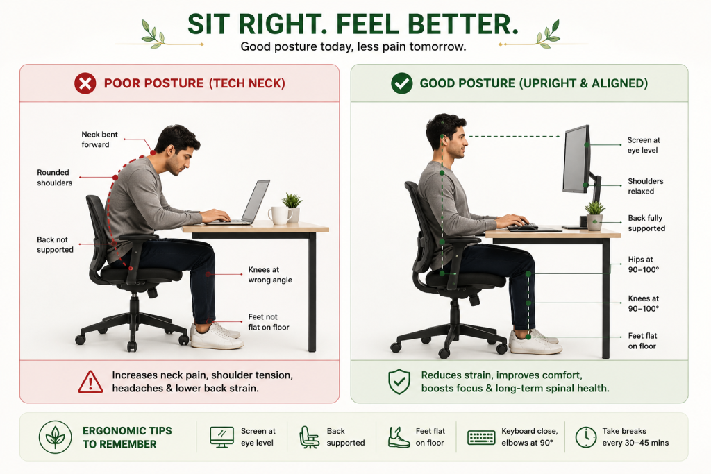 Correct ergonomic posture to prevent cervical pain screen at eye level versus tech neck comparison